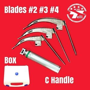 LED Fiber Optic Flexi-Tip McCoy Laryngoscope Set 3 Mac Blades   C Handle   Box