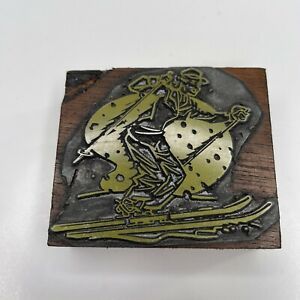 Vintage 1930s Downhill Skiing Printing Press Metal/Wood Stamp Block Ink Plate