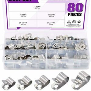 80Pcs Stainless Steel 6mm-16mm Vinyl Coated Cable Clamps Assortment Kit