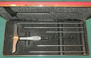 Starret Depth Micrometer #445BZ-6RL 0-6&#034; 4&#034; Base 6 Rods Case Depth Gage