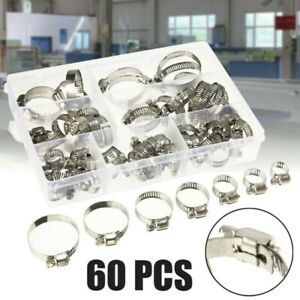 60pcs Adjustable Stainless Steel Hose Clamps Drive Fuel Line Worm Clip Kit+ Box