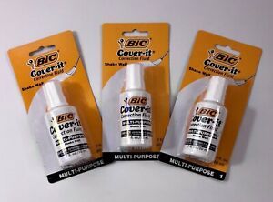 3 BIC COVER-IT White Out Correction Fluid Multi Purpose Liquid Paper .7oz NEW