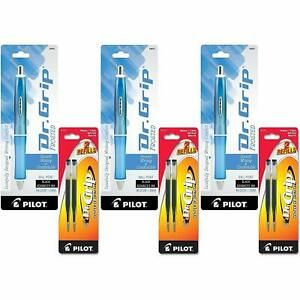 3 Pilot Dr. Grip Frosted Ballpoint Pens - Pastel Blue with 3pk Black Refills