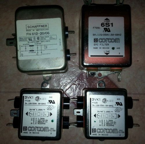 Lot of 4 emi power line filters Schaffner FN 612-20/06, corcom f7135 &amp; f7291  22