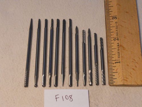 12 NEW 1/8&#034; SHANK CARBIDE BURRS. DOUBLE END COMMON SHAPES. LONGS USA MADE  F108
