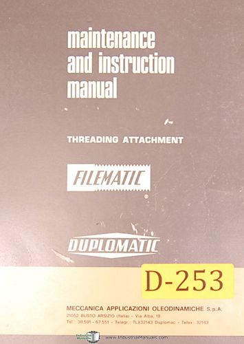 Duplomatic filmatic thread cutting attachment, maintenance &amp; instruction manual for sale