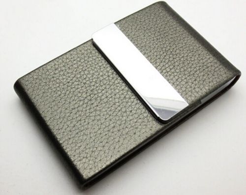 Gift Stainless Steel Leatherette Business Name Card Holder Wallet Box Case Gray