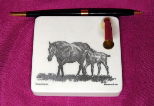 Mare &amp; Foal Etched Montana Marble Desk Pen Holder Set