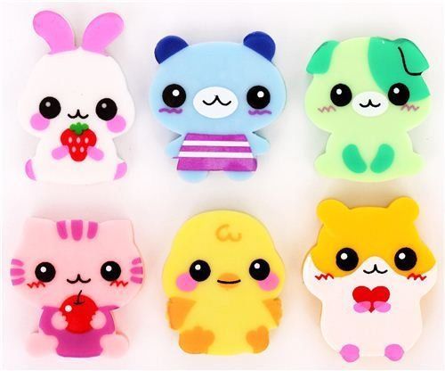 6 Pcs Cute Japanese Kawaii Classic Baby Animal Erasers