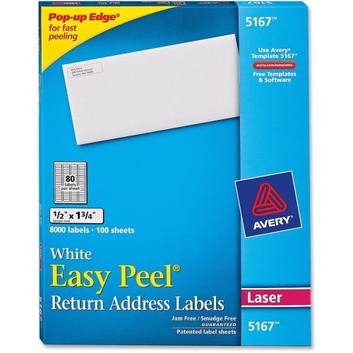 Avery Easy Peel Address Label - 0.5&#034;Wx1.75&#034;L - 8000/Box - Laser - White