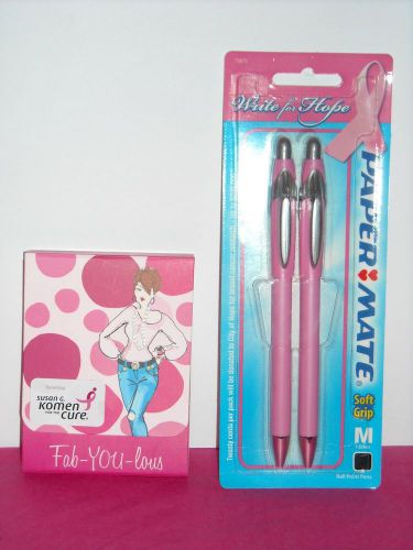 (#2521) &#034;Breast Cancer Awareness&#034; 2pk Pink PAPERMATE Pens &amp; 75 pg Mini Notebook