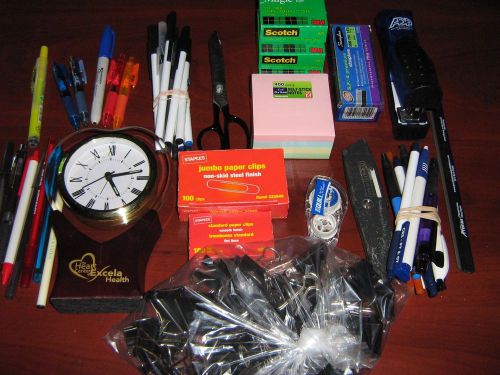 office/school supplies tape, pens, desk clock, binder clips, stapler &amp; staples