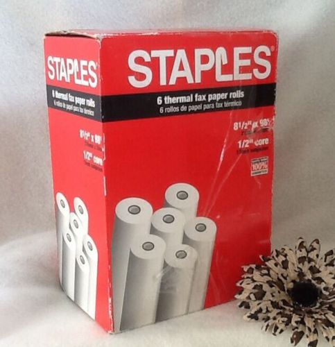 STAPLES - SIX (6) THERMAL FAX PAPER ROLLS - 8 1/2&#034; x 98&#039; with 1/2&#034; Core #269571