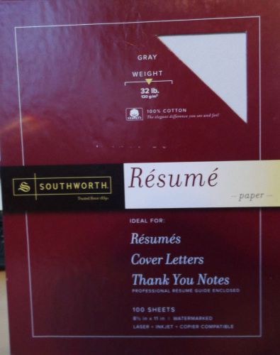 SOUTHWORTH RESUME PAPER GRAY 32 LB. 100% COTTON 100 SHEETS 81/2 IN X11 **NEW**