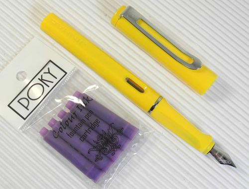 JINHAO 599B Fountain pen YELLOW plastic barrel + 5 POKY cartridges VIOLET ink