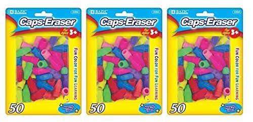 NEW 3 Pk, Bazic Caps Eraser Assorted Colors, 50 Per Pack / Total of 150