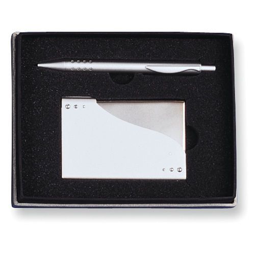 Silver-tone Business Card Case &amp; Pen 2-piece Gift Set