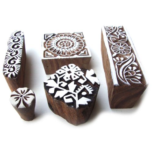 Multi Floral Designs Hand Carved Wooden Bock Printing Indian Tags (Set of 5)