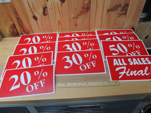 Lot of 12 store signs – clearance 20% 30% 50% off “all sales final” red plastic for sale