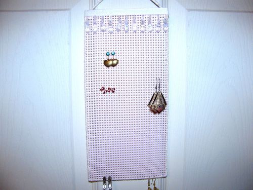 Hanging earring holder  irridescent white on light pink  smaller size for sale