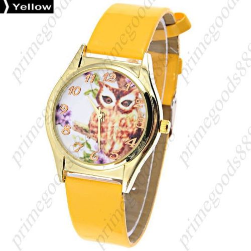 Owl bird round pu leather lady ladies wrist quartz wristwatch women&#039;s yellow for sale