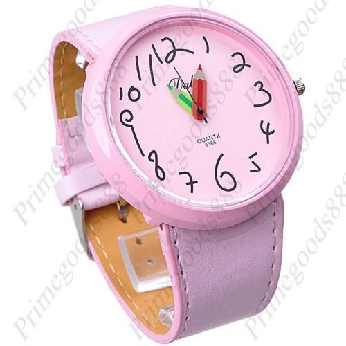 Wide Felt Marker Pencil Faux Leather Analog Wristwatch Lady Ladies Women&#039;s Pink