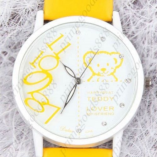 Teddy Bear Lover Synthetic Leather Rhinestone Quartz Wristwatch Women&#039;s Yellow