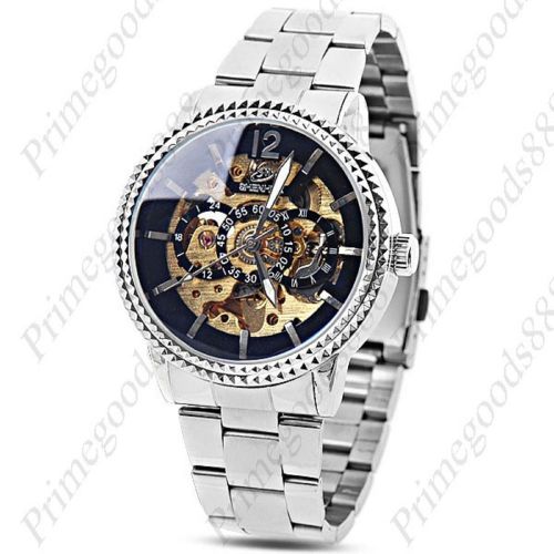 Stainless Steel Auto Automatic Mechanical Wrist Men&#039;s Wristwatch Gold Hollow