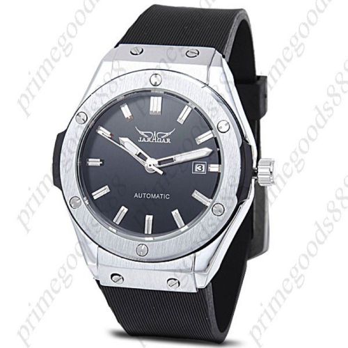 Round Unisex Black Silica Gel Auto Automatic Mechanical Date Wristwatch Silver