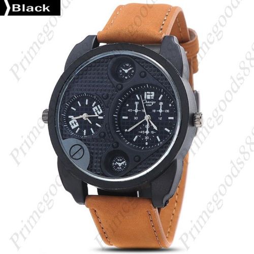 2 Time Zone Brown Leather Strap Wrist Wristwatch Quartz Analog Men&#039;s Black Face