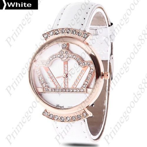Crown Round Rhinestones PU Leather Lady Ladies Quartz Wristwatch Women&#039;s White