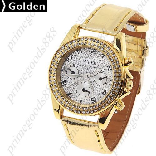 Gold Golden Case Rhinestone Synthetic Leather Quartz Lady Wristwatch Women&#039;s