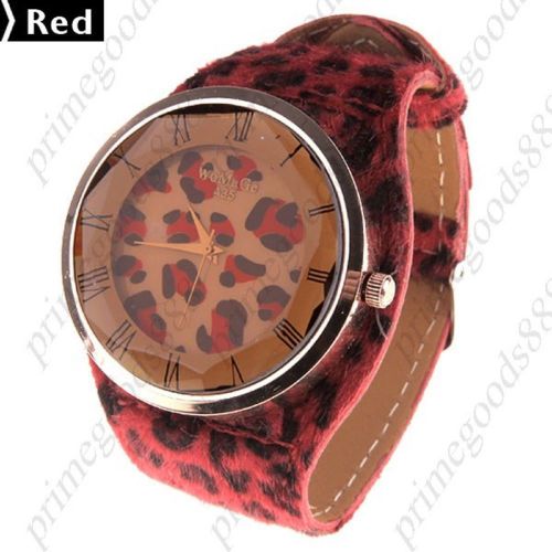 Leopard PU Leather Quartz Wrist Wristwatch Free Shipping Women&#039;s Red Fuzzy