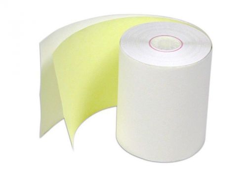 2 3/4&#034;x 90&#039; 2-ply carbonless white/canary receipt paper - 50 rolls / 1 case for sale