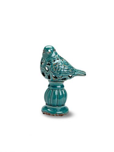 Turquoise 10&#034; Ceramic Cutout Bird Figurine On Pedestal Garden Statue