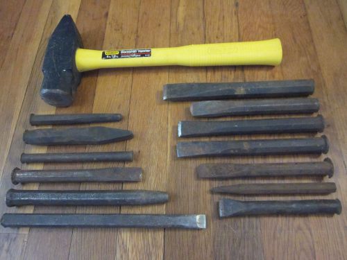 Antique vtg stone mason chisel set + stanley blacksmith hammer anvil forge tools for sale