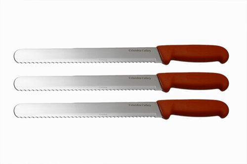 3 Columbia Cutlery 10” Bread Knives - Red Handles - Brand New and very Sharp!