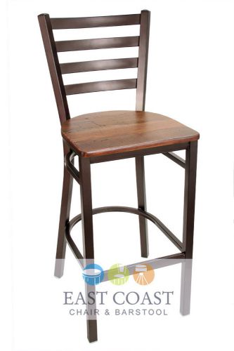 New gladiator rust powder coat ladder back metal bar stool, reclaimed wood seat for sale