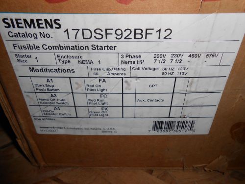 SIEMENS 17DSF92BF12 NEMA SIZE 1 COMBO MOTOR STARTER