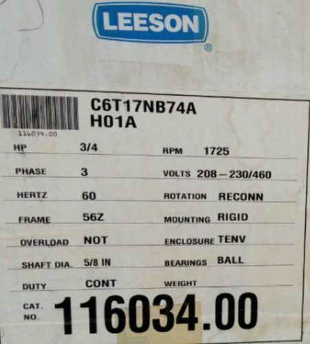 Leeson motor C6T174B74A 3/4 HP 1725 RPM 3 Phase