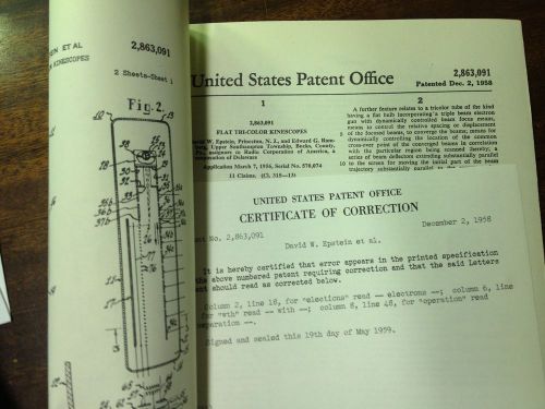 VINTAGE US UNITED STATES PATENT OFFICE FLAT TRI-COLOR KINESCOPES DEC 1956