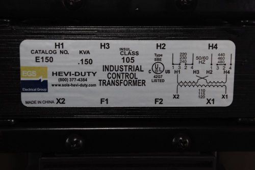 Sola hevi-duty e150 industrial control transformer 0.150 kva 1 ph 120v&lt;&gt;240/480v for sale