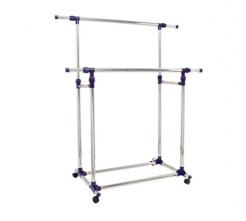 Rack Rolling Garment Clothing Double Bar Commercial Rail Display Duty Clothes NE