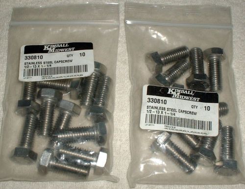 20 stainless steel hex head 1/2-13 x 1-1/4&#034; cap screw bolt f593c nip for sale