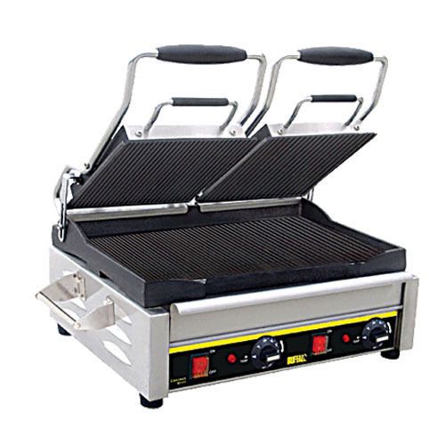 BUFFALO GE041 DOUBLE PANINI GRILL WITH RIBBED PLATES 17&#034; X 9.5&#034; 240 VOLT