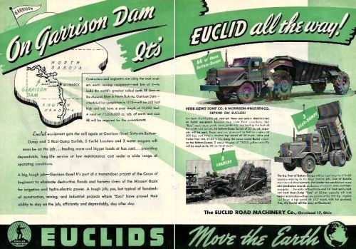 1949 Euclids ad, Peter Kiewit Sons&#039; &amp; M-K Co on Garrison Dam, dbl-pg nice color