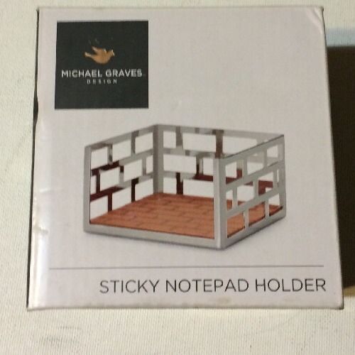 Michael Graves Sticky Notepad Holder Silver Metal Leather Desk Office FREE SHIP