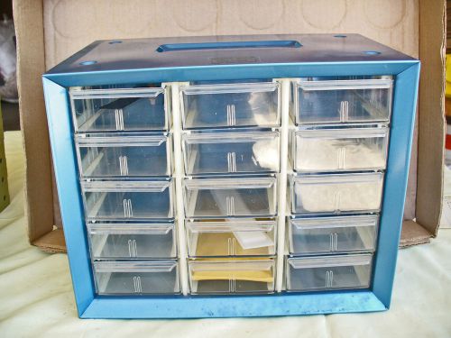 Vintage AKRO-MILS-Blue Steel 15 Drawer Cabinet Storage Crafts Parts No Handle