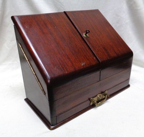 Antique Mahogany Paper/ Letter Holder w. Double Doors Drawer &amp; Key/ Lock 12x15&#034;