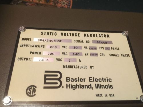 1 new Basler Electric Static Voltage Regulator SR4A2B07B3E---NSN: 6110-00-258-85